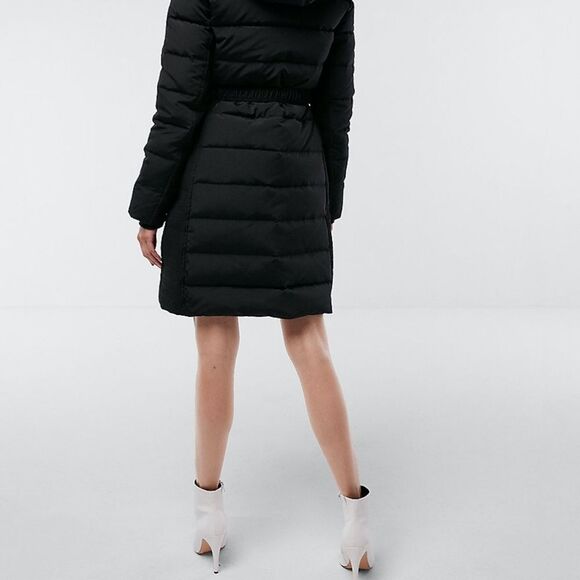 NEW EXPRESS Black Long Down Belted Smocked Puffer Jacket Coat XXS - Picture 5 of 10